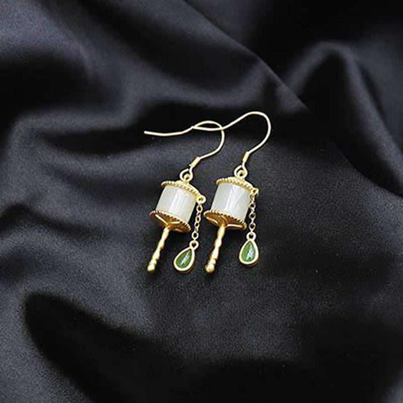 Buddha Stones 925 Sterling Silver Jade Prayer Wheel Luck Drop Earrings Earrings BS 6