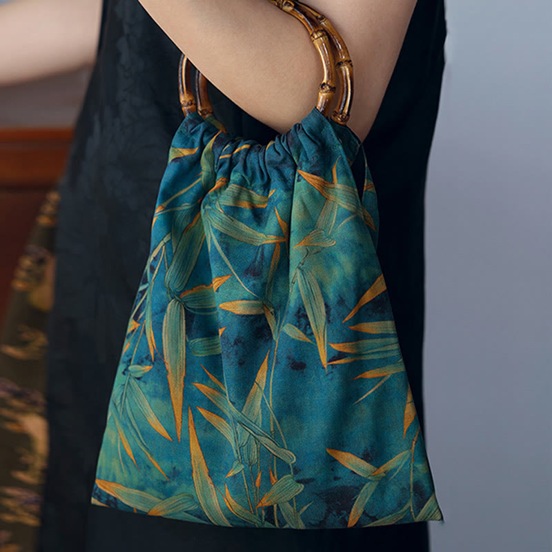 Buddha Stones Blue Green Bamboo Leaves Bamboo Handles Handbag Handbags BS 2