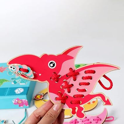 Fidtoy Wooden Dinosaur Threading Toy for Kids | Montessori Lacing Cards, Hand-Eye Coordination, Fine Motor Skills & Preschool Sewing Activity Toy Age 2-6