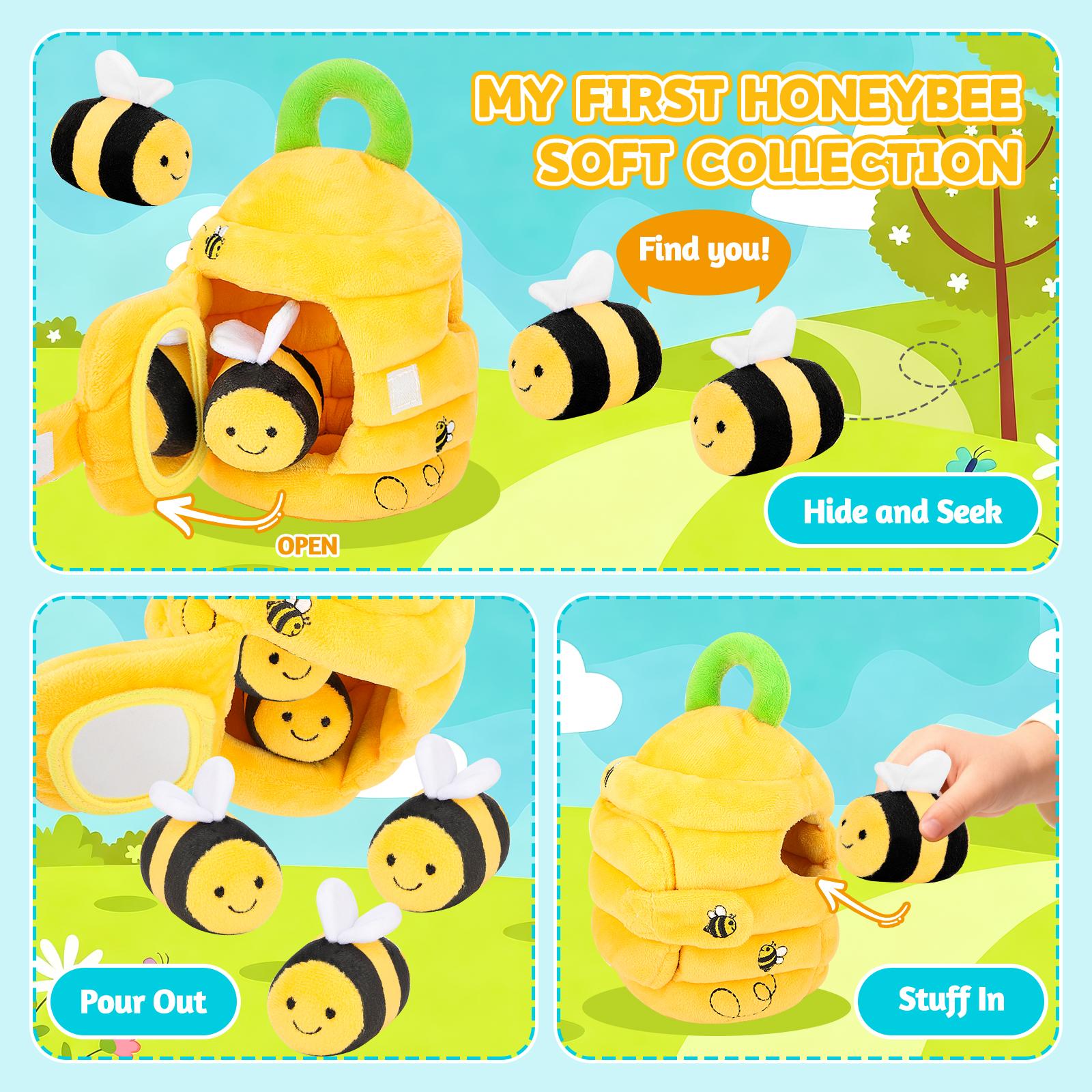 Mi primer juguete de peluche de abeja. Juego interactivo de escondite de colmena de abejas para bebés y niños pequeños. 5 abejas de peluche y colmena exprimible. Regalo de aprendizaje temprano Montessori para 1-3 años.