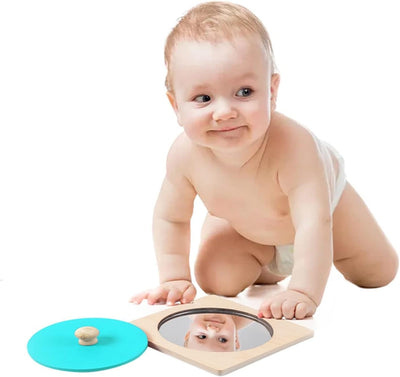 Fidtoy Baby Mirror Toy for Tummy Time Montessori Wooden Mirror Puzzle for Infants Toddlers Sensory Development Early Learning Fine Motor Toy Gift