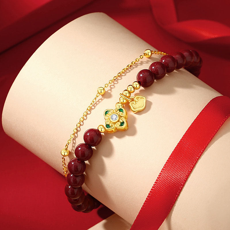 Buddha Stones 925 Sterling Silver Natural Cinnabar Four Leaf Clover Flower Blessing Chain Bracelet Bracelet BS 1
