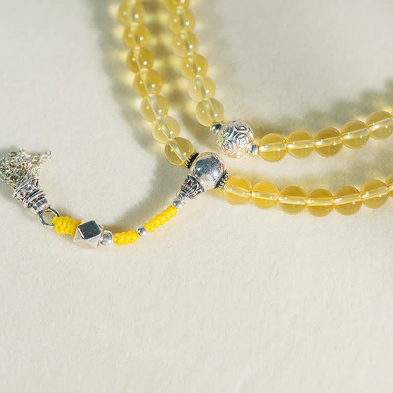 Buddha Stones 108 Mala Beads 925 Sterling Silver Natural Citrine Red Agate White Jade Prosperity Charm Bracelet Mala Bracelet BS 25