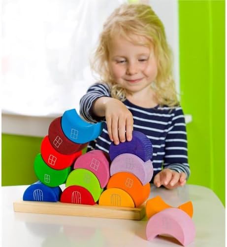 Fidtoy Blocs de construction en bois Lune à empiler, jouet d'équilibre arc-en-ciel pour enfants