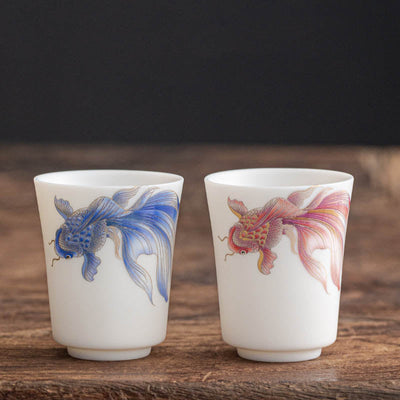 Buddha Stones Koi Fish White Porcelain Ceramic Teacup Kung Fu Tea Cup Cup BS 24