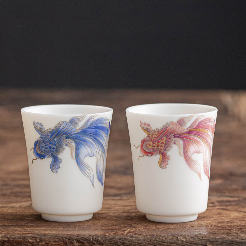 Buddha Stones Koi Fish White Porcelain Ceramic Teacup Kung Fu Tea Cup Cup BS 24