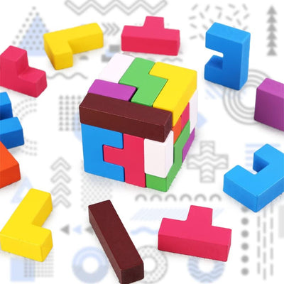 Fidtoy Wooden Tetris Cube Puzzle Blocks, 40 Piece Wooden Tetris-Style Puzzle with Puzzle Box, Shape Sorting Brain Teaser for Spatial Reasoning and Creative Building Ages 3+