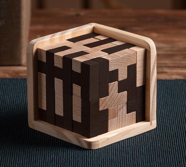 Fidtoy Wooden IQ Brain Teaser Puzzle Cube 54 Pieces 3D T Shape L Shape Logic Puzzle with Tin Box for Kids Ages 6+