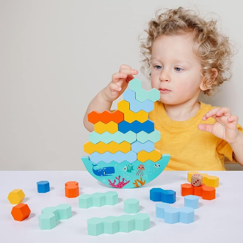 Fidtoy Balance Stacking Board Game Wooden Blocks with Dice