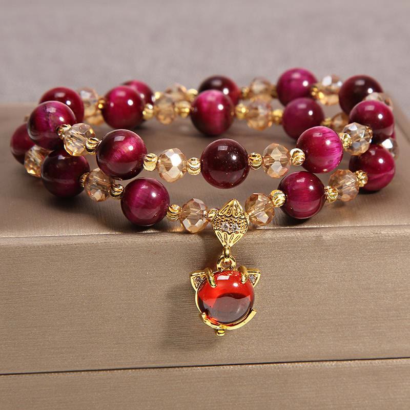 Buddha Stones Tiger Eye Pixiu Fox Money Bag Protection Self Confidence Double Wrap Bracelet Bracelet BS Red Tiger Eye&Fox
