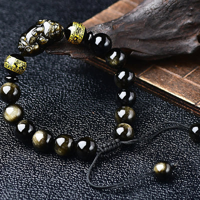 Buddha Stones Natural Gold Sheen Obsidian PiXiu Om Mani Padme Hum Wealth Braided Bracelet Bracelet BS 7