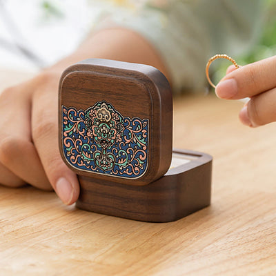 Buddha Stones Retro Handmade Black Walnut Wood Ring Jewelry Storage Box Leaf Wooden Gift Box Jewelry Storage Box BS 10