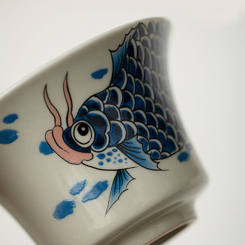 Buddha Stones Koi Fish Arowana Ceramic Gaiwan Sancai Teacup Kung Fu Tea Cup With Lid 130ml Cup BS 20