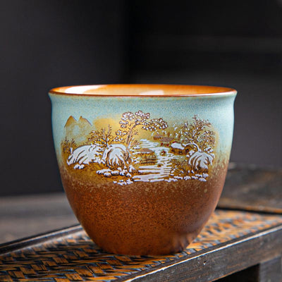 Buddha Stones Colorful Deer Pipa Snow Plum Blossoms Mountains Rivers Bird Ceramic Teacup Kung Fu Tea Cup Bowl Cup BS 7.5cm*6.5cm*150ml Snow Plum Blossoms