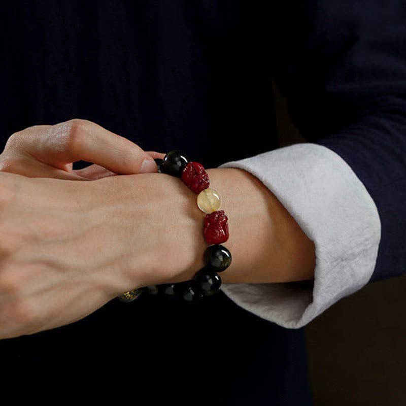 Buddha Stones Gold Sheen Obsidian PiXiu Cinnabar Om Mani Padme Hum Protection Bracelet Bracelet BS 3
