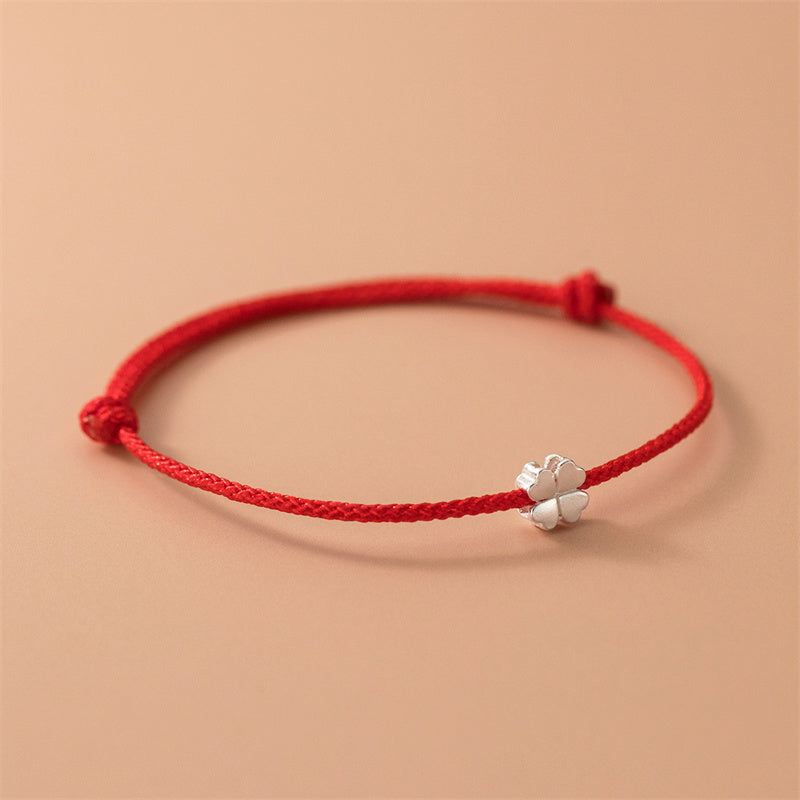 Buddha Stones 925 Sterling Silver Four Leaf Clover Red Rope Bracelet Bracelet BS 1
