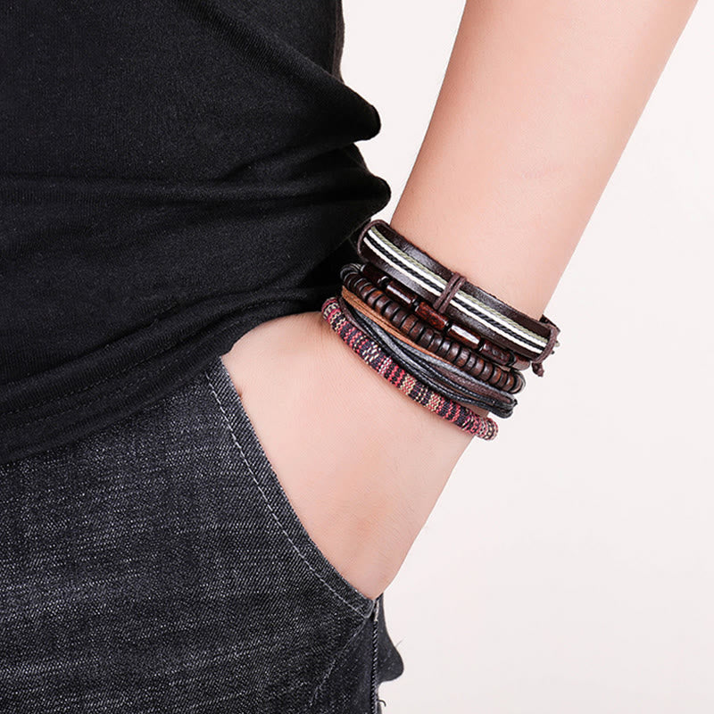 Buddha Stones Wrap Hemp Cords Wood Beads Leather Bracelet Bracelet BS 3
