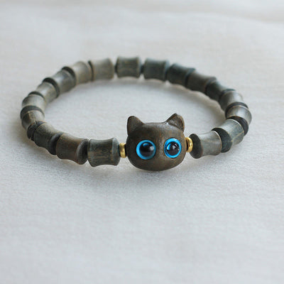 Buddha Stones Ebony Wood Green Sandalwood Cute Cat Peace Bracelet Bracelet BS Green Sandalwood(Cure♥Positive)