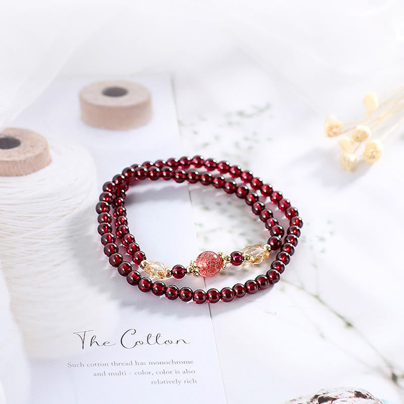 Buddha Stones 14K Gold Plated Natural Garnet Strawberry Quartz Butterfly Protection Double Wrap Bracelet Bracelet BS 2