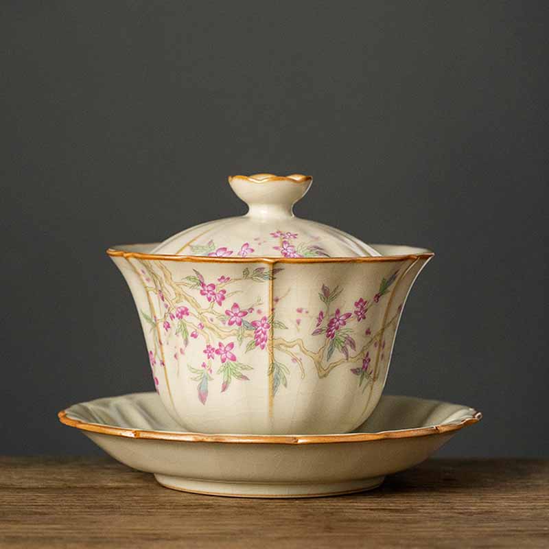 Buddha Stones Beige Plum Blossom Shape Peach Branch Ceramic Gaiwan Sancai Teacup Kung Fu Tea Cup With Lid Cup BS Peach Branch 9.8cm*9.2cm*120ml