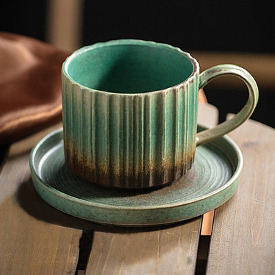 Buddha Stones Retro Striped Kiln Change Ceramic Coffee Mug Rough Pottery Tea Coffee Cup With Saucer 250ml Coffee Mug BS Green 12cm*8.5cm*7cm*250ml