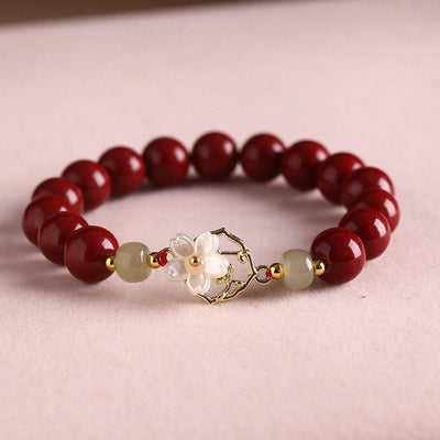 Buddha Stones Natural Cinnabar Jade Beaded Tridacna Stone Flower Blessing Bracelet Bracelet BS Cinnabar 10mm(Wrist Circumference 18cm)