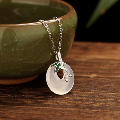 Buddha Stones 925 Sterling Silver Natural Chalcedony Bamboo Leaf Peace Buckle Positive Necklace Pendant Necklaces & Pendants BS Silver Bamboo Chalcedony