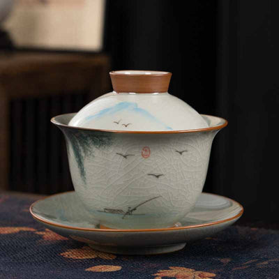 Buddha Stones Lotus Koi Fish Pod Leaf Ceramic Gaiwan Sancai Teacup Kung Fu Tea Cup And Saucer With Lid 140ml Cup BS Leaf Boat 11.5cm*9.5cm*140ml