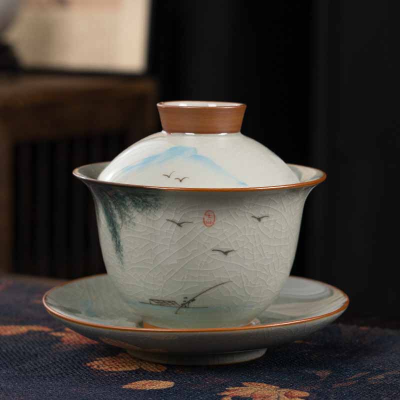 Buddha Stones Lotus Koi Fish Pod Leaf Ceramic Gaiwan Sancai Teacup Kung Fu Tea Cup And Saucer With Lid 140ml Cup BS Leaf Boat 11.5cm*9.5cm*140ml