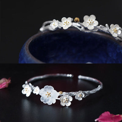 Buddha Stones 925 Sterling Silver Plum Flower Blessing Bracelet Adjustable Bangle Bracelet BS 13