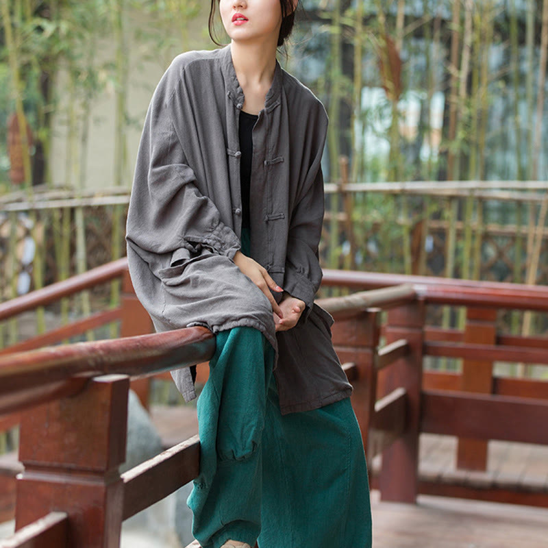 Buddha Stones Frog-Button Long Sleeve Zen Meditation Open Front Jacket With Pockets 21
