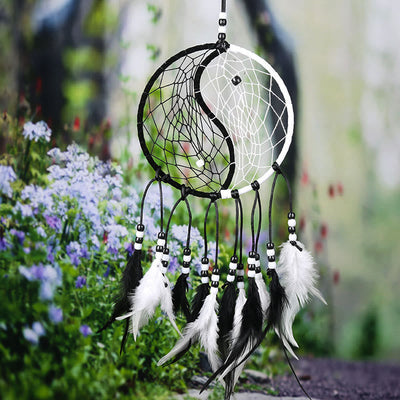 Buddha Stones Yin Yang  Dream Catcher Circular Net with Feathers Balance Decoration Decorations BS 17