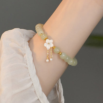 Buddha Stones 925 Sterling Silver Natural Hetian Jade Luck Flower Bracelet Bracelet BS 4