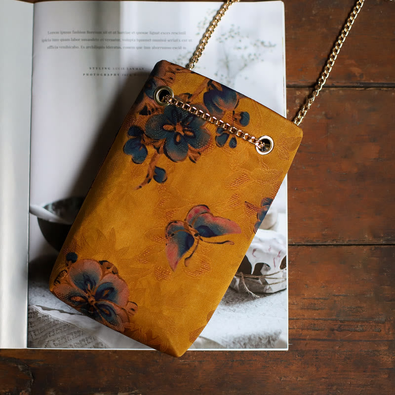 Buddha Stones Small Maple Leaf Persimmon Metal Chain Crossbody Bag Shoulder Bag Cellphone Bag Handbags BS Yellow Flower 20*12*4cm
