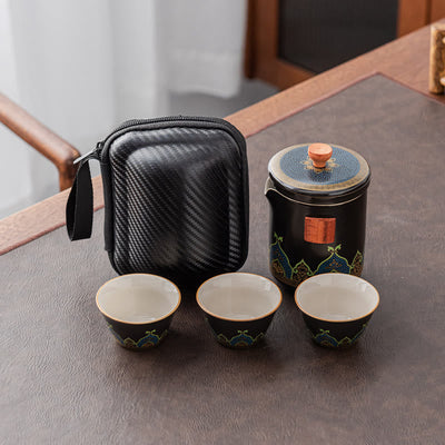 Buddha Stones Flower Chinese Gongfu Ceramic Teapot Portable Outdoor Travel Tea Set Bag Teapot BS Black 1 Teapot+3 Cups+1 Bag