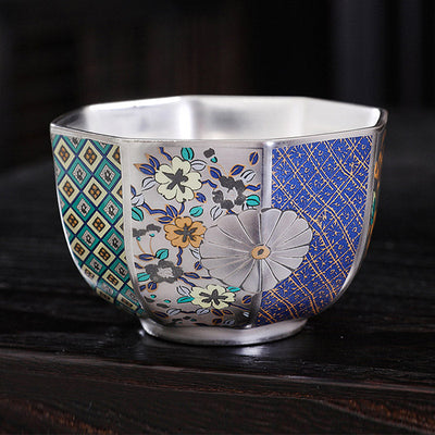 Buddha Stones 999 Sterling Silver Gilding Chrysanthemum Flowers Ceramic Teacup Kung Fu Tea Cup Cup BS 2
