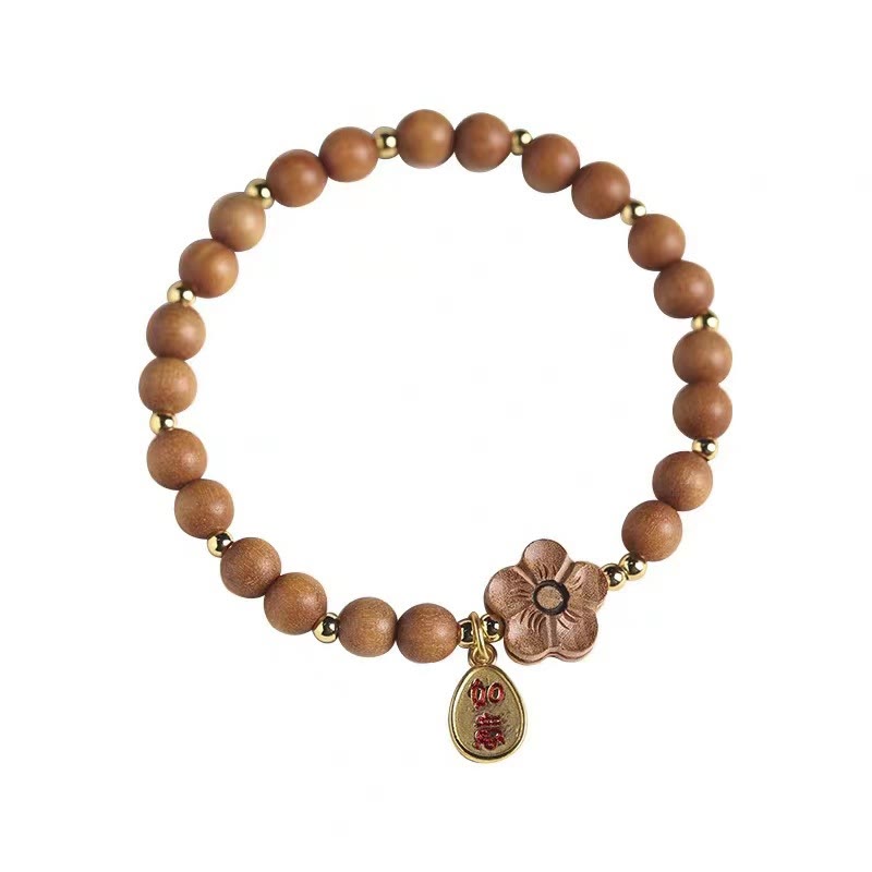 Foviel Natural Sandalwood Peach Blossom Small Leaf Red Sandalwood Ruyi Charm Protection Bracelet