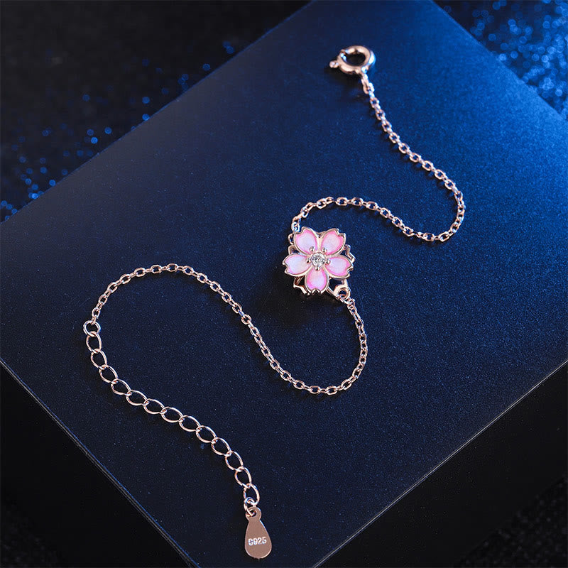 Buddha Stones 925 Sterling Silver Cherry Blossom Blessing Chain Bracelet Rotatable Ring Bracelet BS 3