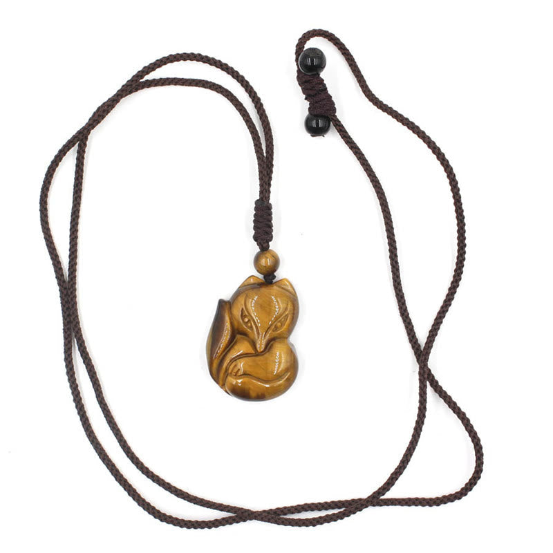 Buddha Stones Natural Black Obsidian Tiger Eye Ice Obsidian Fox Pendant Amulet Necklace Necklaces & Pendants BS 10