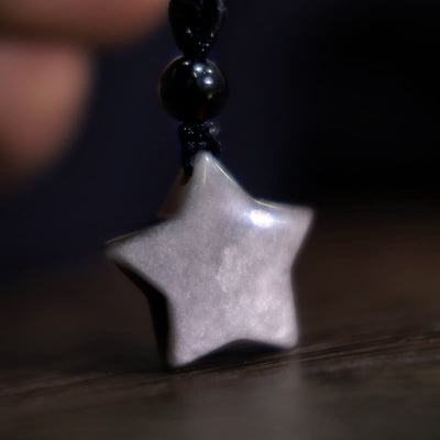 Buddha Stones Natural Silver Sheen Obsidian Star Crescent Moon Protection Necklace Pendant Necklaces & Pendants BS 1