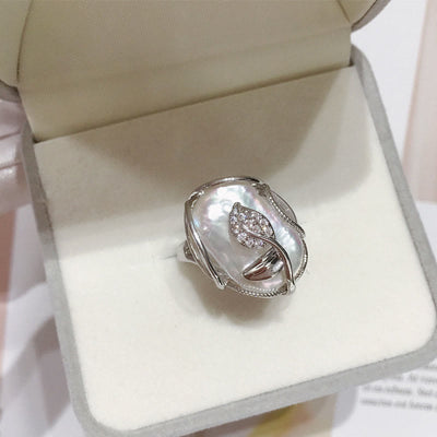 Buddha Stones Pearl Copper Plated Gold Flower Happiness Wealth Ring Ring BS 13
