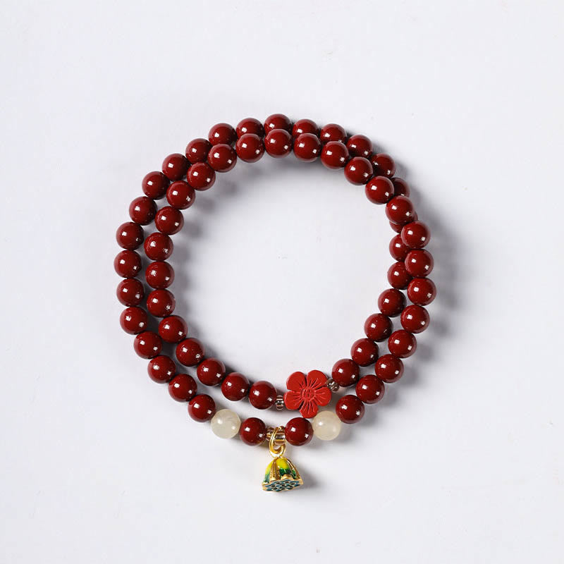 Buddha Stones Cinnabar Lotus Charm Double Wrap Blessing Bracelet Bracelet BS 7