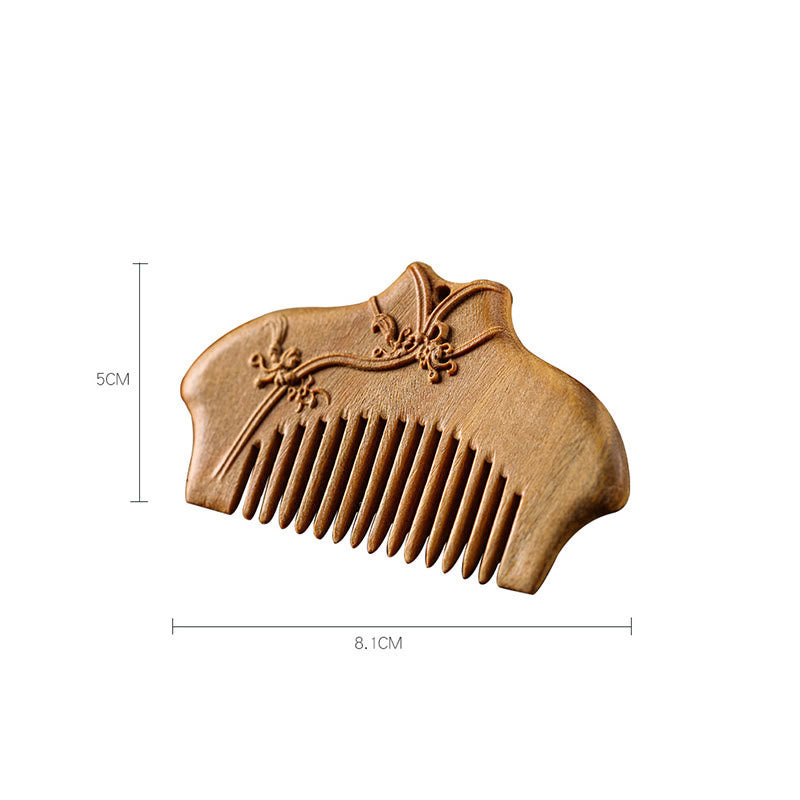 Buddha Stones Green Sandalwood Flower Pattern Engraved Soothing Comb Comb BS 9