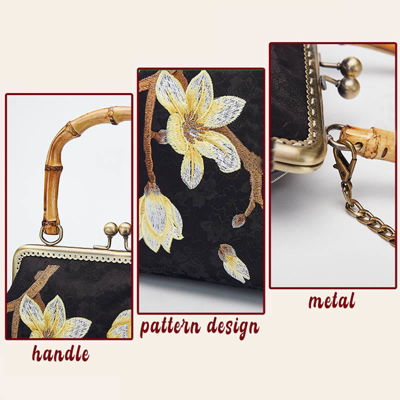 Buddha Stones Plum Blossom Embroidery Bamboo Handle Handbag Crossbody Bag Crossbody Bag&Handbags BS 4