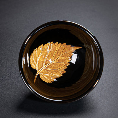 Buddha Stones Gold Maple Leaf Chinese Jianzhan Ceramic Teacup Tenmoku Kung Fu Tea Cup Bowl Jian Zhan Tea Cup BS Single Maple Leaf 9cm*4.5cm*120ml