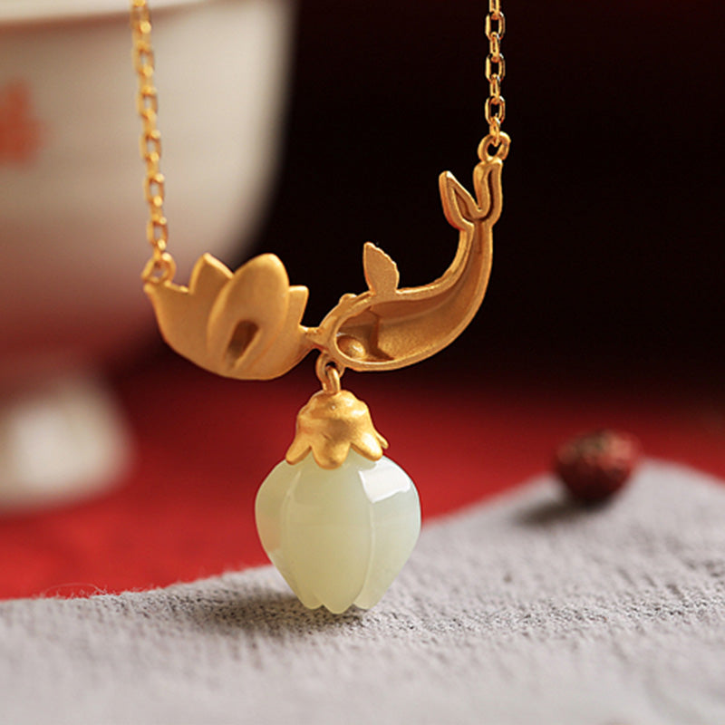 Buddha Stones 925 Sterling Silver White Jade Koi Fish Lotus Protection Necklace Pendant Necklaces & Pendants BS 5