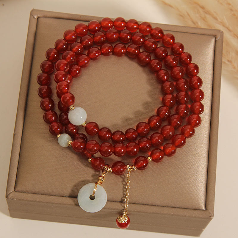 Buddha Stones Natural Red Agate Jade Peace Buckle Calm Triple Wrap Bracelet Bracelet BS 1