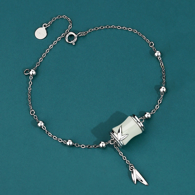 Buddha Stones 925 Sterling Silver 22K Gold Hetian White Jade Bamboo Leaf Luck Necklace Pendant Bracelet Bracelet Necklaces & Pendants BS 925 Sterling Silver Bracelet