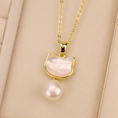 Buddha Stones Natural Pearl Copper Cat Healing Necklace Pendant Earrings Bracelet Necklaces & Pendants BS White-Necklace(Necklace Length: 40cm)