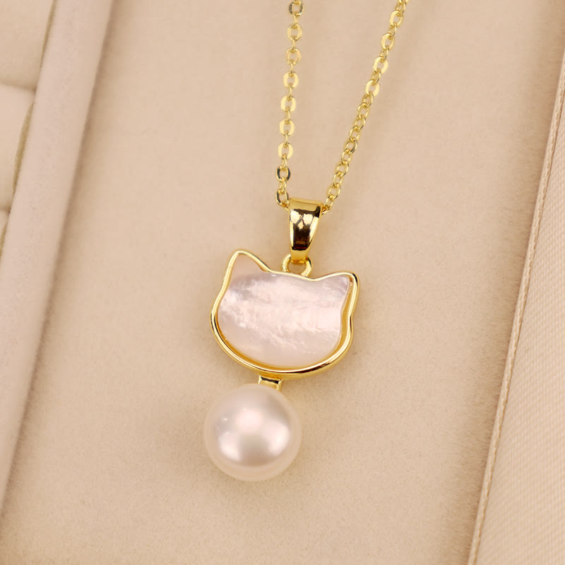 Buddha Stones Natural Pearl Copper Cat Healing Necklace Pendant Earrings Bracelet Necklaces & Pendants BS White-Necklace(Necklace Length: 40cm)